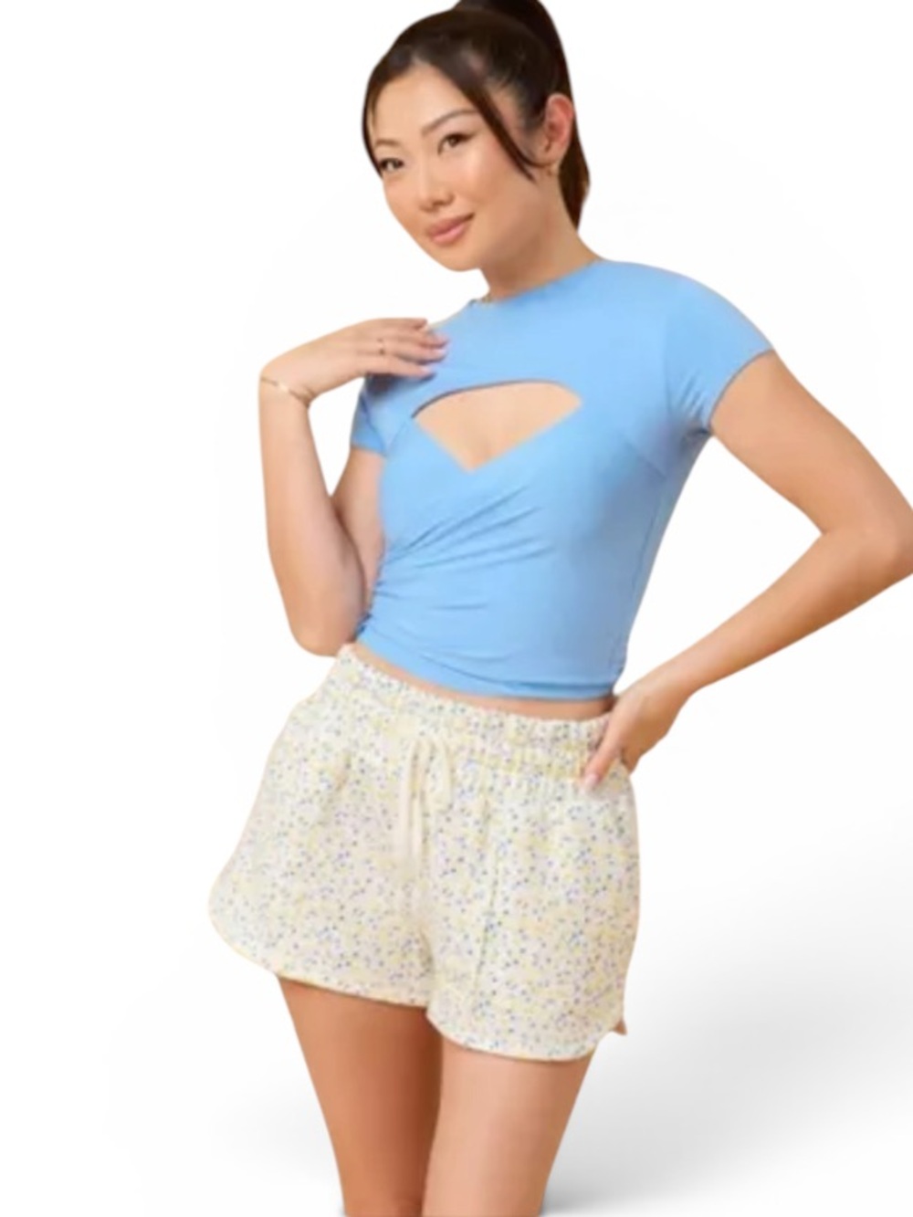 Blogilates Women's Mommy & Me Bow Back T-Shirt Blue Small